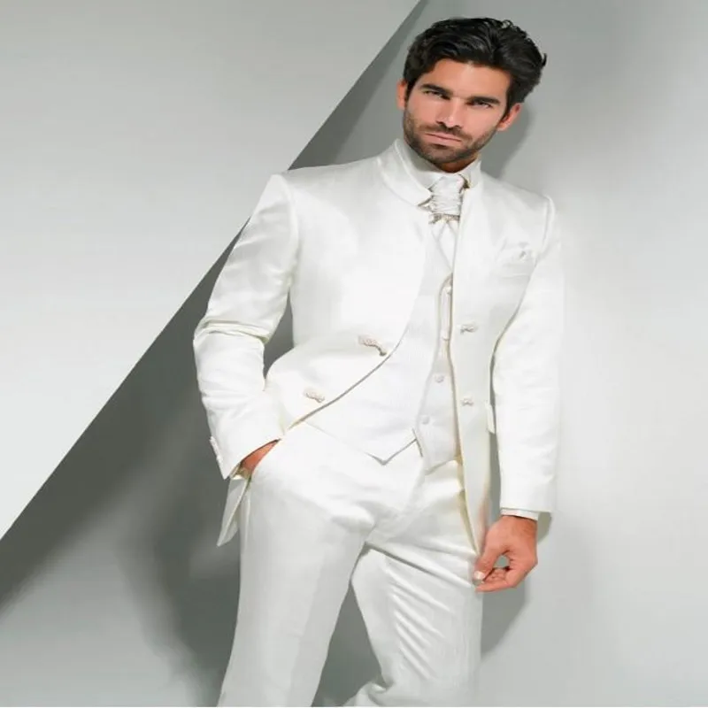 

2017 New Arrival Groom Tuxedos Mandarin Lapel Men's Suit White Groomsman/Best Man Wedding/Prom Suits(Jacket+Pants+Tie+Vest)