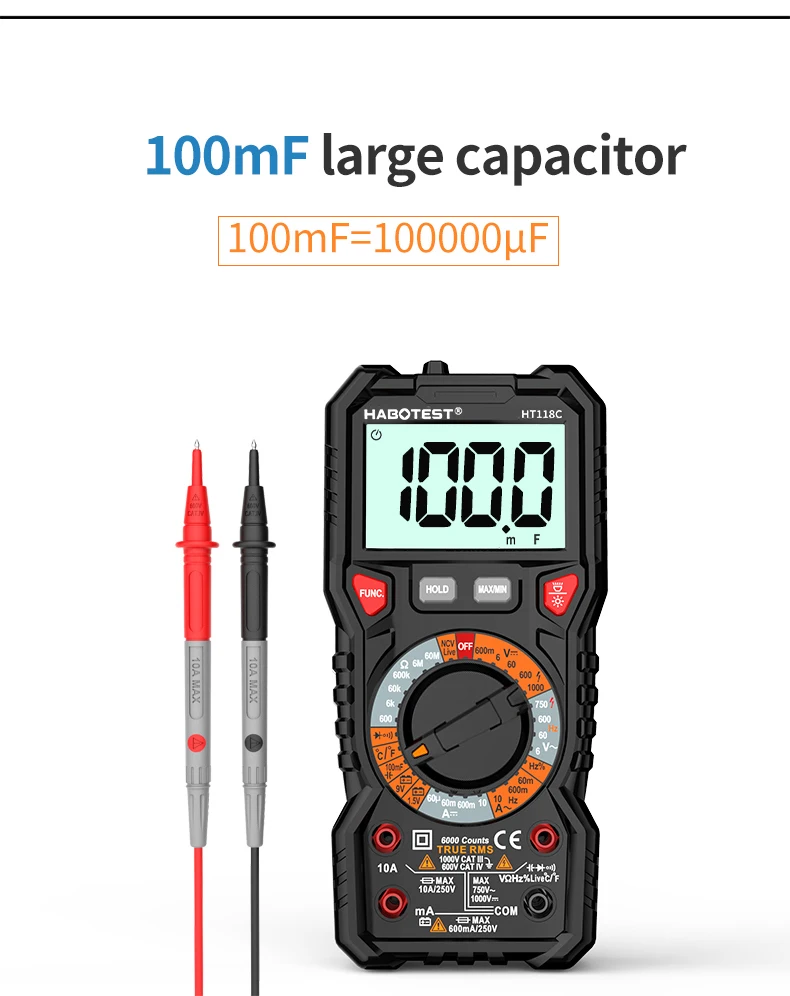 HABOTEST HT118A / C / D Цифровой мультиметр Автоматический диапазон NCV True RMS AC / DC 6000 отсчетов Двухцветный экран Индикатор напряже