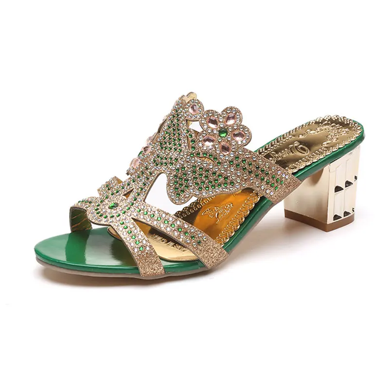 

Green Rhinestones Slippers Women Shoes 2019 Summer New Fashion Flip Flops Women Slippers High Heels Slippers Womens Shoes Woman