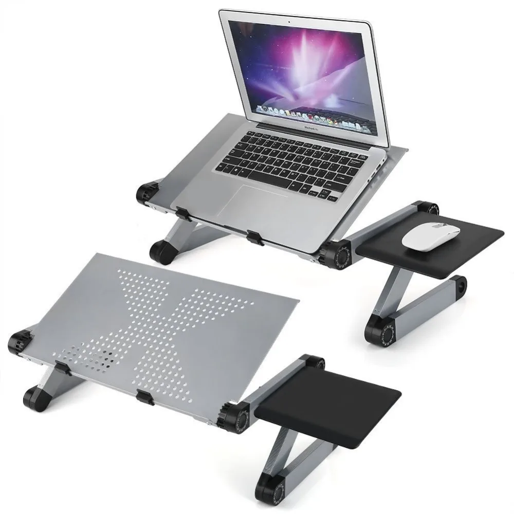 Регулируемый стоячий стол для ноутбука с ковриком для мыши и охлаждающим вентилятором, портативный диван-кровать, стол для ноутбука, складной стол для офиса - Цвет: sliver-no fan