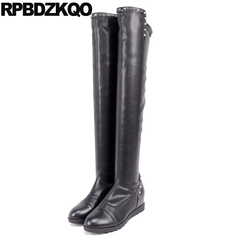 

High Heel Waterproof Winter Boots Women Slim Black Height Increasing Over The Knee Rivet Long Shoes Ladies Round Toe Stud Wedge