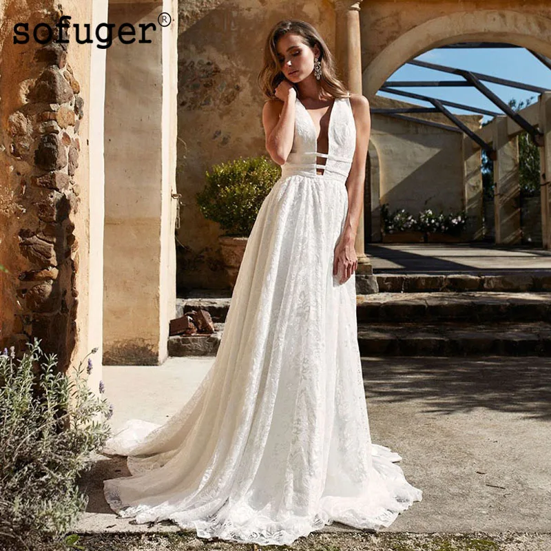 

White Ivory Lace Sexy V Neck Backless Elegant Wedding Dress Robe De Mariee Sofuge Boho Dubai Arabic Abiti Da Sposa Long Dresses