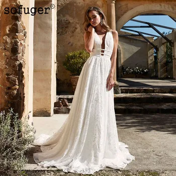 

White Ivory Lace Sexy V Neck Backless Elegant Wedding Dress Robe De Mariee Sofuge Boho Dubai Arabic Abiti Da Sposa Long Dresses