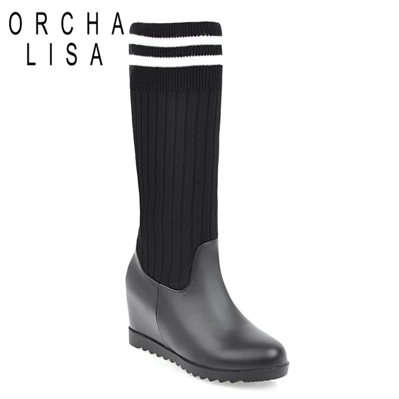 ORCHA LISA/Для женщин ботинки до середины икры женский шерстяной; модные сапоги на танкетке с круглым носком, в полоску, Большие размеры 34–43 модная женская мужская обувь C008