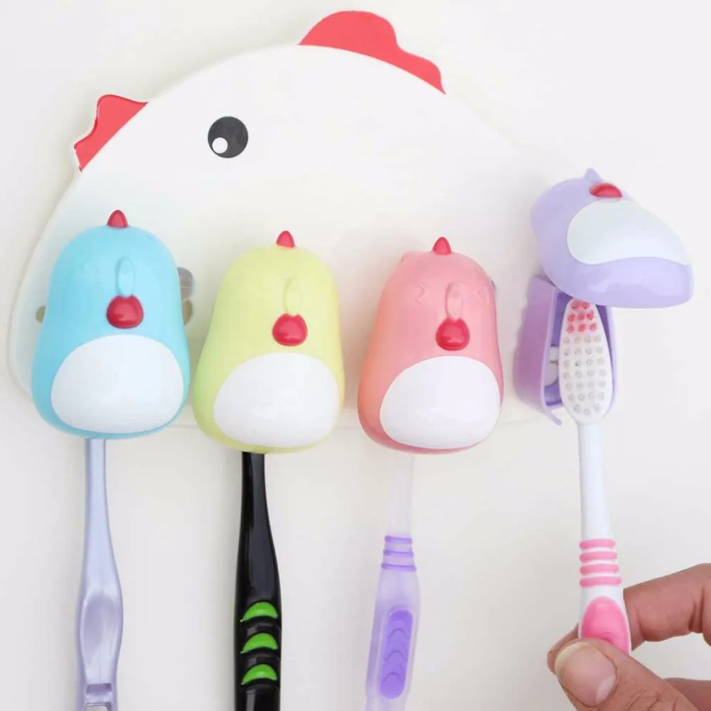 

4 Persons Use Creative Lovely Chicken Shape Home Bathroom Suction Type Dust-Proof Toothbrush Holder With Cover
