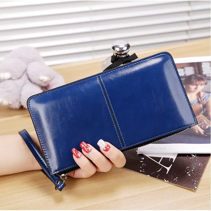 

RUO FEI women famous brand Oil wax leather zipper clutch wallet female candy color burglar robbed purse lady Multi-function phon