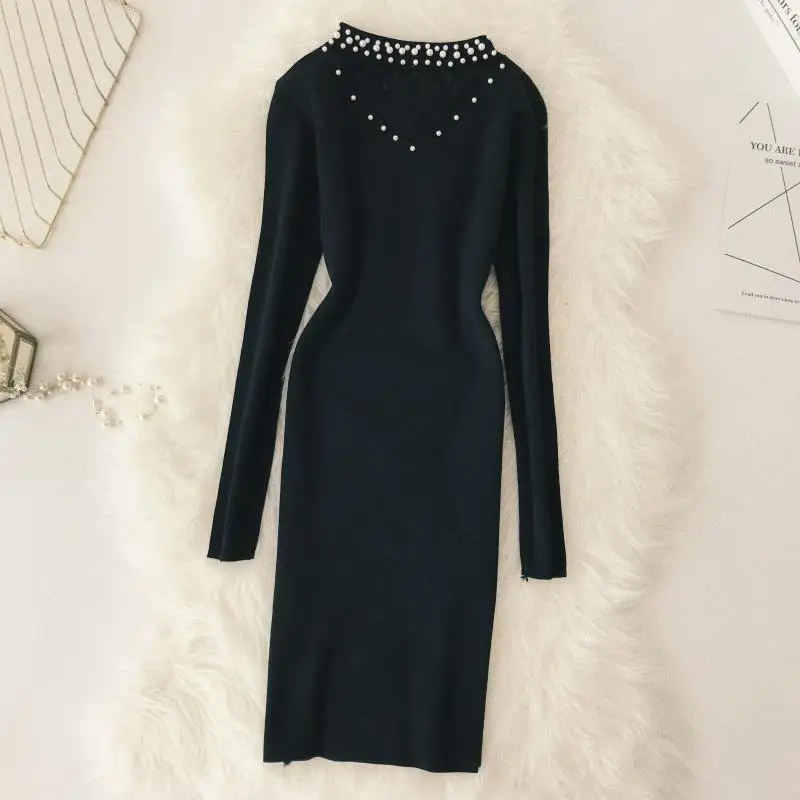 

2018 winter new women O-neck beading stitcing gauze long sleeve package hip bottom knit dress female vintage sheath dresses
