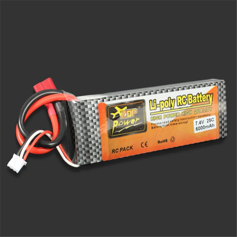 ZOP power LiPo Аккумулятор 7,4 V 6000MAH 25C T штекер для радиоуправляемого квадрокоптера дрона вертолета автомобиля самолета