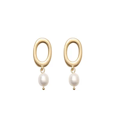 

S925 silver needle matte mist face earrings oval hollow natural pearl earrings cool wind drop
