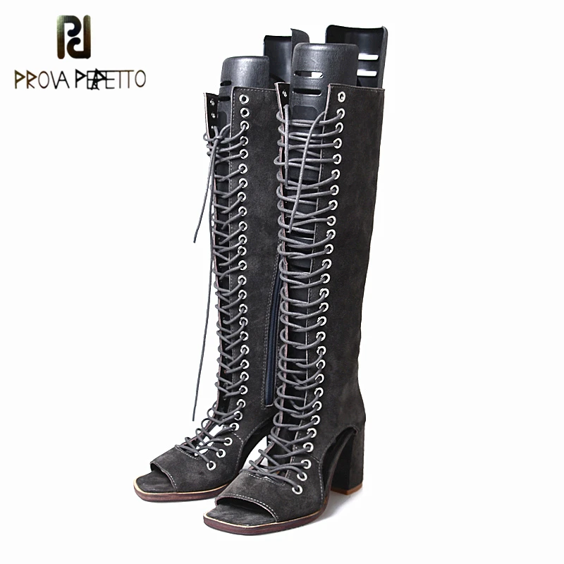 Prova Perfetto Autumn New Arrived 2018 Women Zip Knee Boots Look Thin Look Tall Hollow Out Temperament Thick Heels Boots 34-40