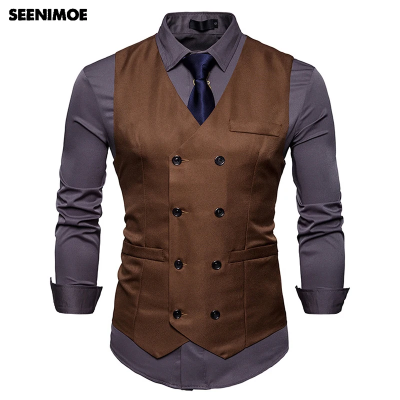 Seenimoe Mens Formal Blazer vests England Style Solid Color Double