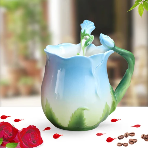 3D Роза цветок эмаль кофейная кружка чай молоко чашка набор с ложкой творческий керамический костяной фарфор посуда для напитков подарок на день Святого Валентина - Цвет: Синий
