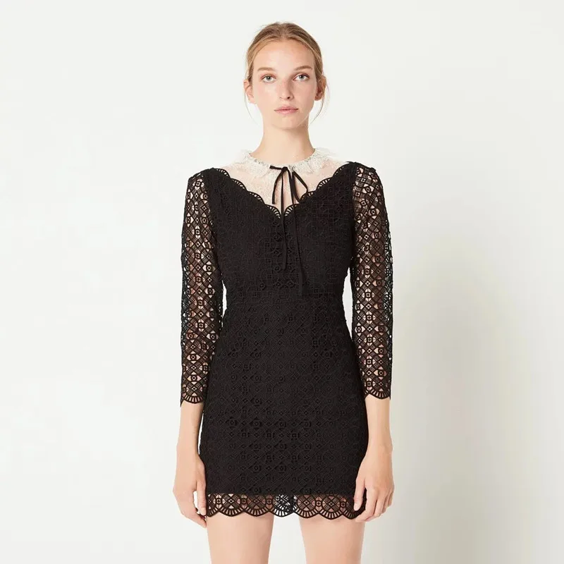 

Women Black Lace Dress Hollow Out Hook Patchwork Slim Mini Dress