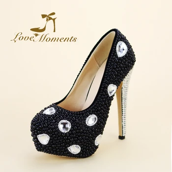 

2018 Big Size 45 Classic Black Pearl Party Prom High Heels Custom Made Rhinestone Evening Party Banquet Shoes Thin Heel Pumps