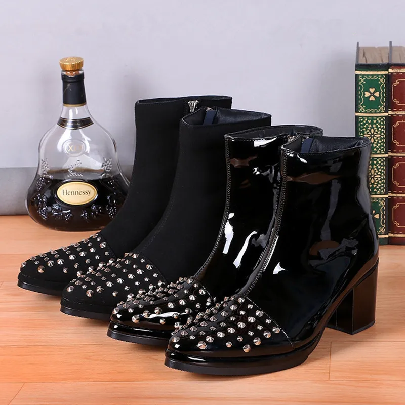 Chunky High Heels Rivets Black Ankle Boots Zipper Botines Masculinas