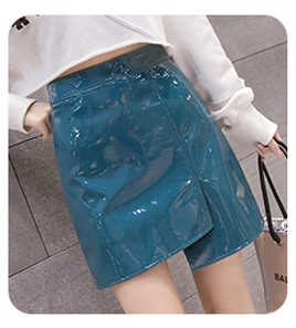 JSMY офисные женские модные юбки с высокой талией из искусственной кожи Пикантные мини Яркая кожаная Асимметричная юбка - Цвет: Синий