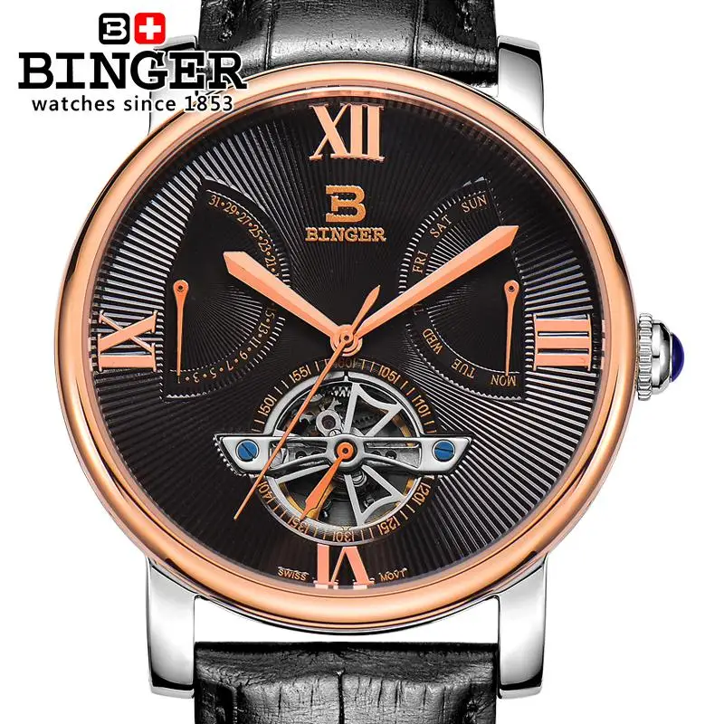 Swiss men's watch luxury brand Wristwatches BINGER Mechanical Diver waterproof clock leather strap WristwatchesBG-0408-6