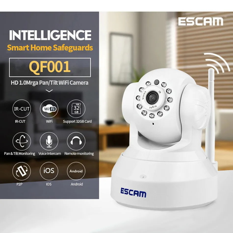 ESCAM QF001 IP Camera WIFI 720P P2P Night Vision Support Android IOS