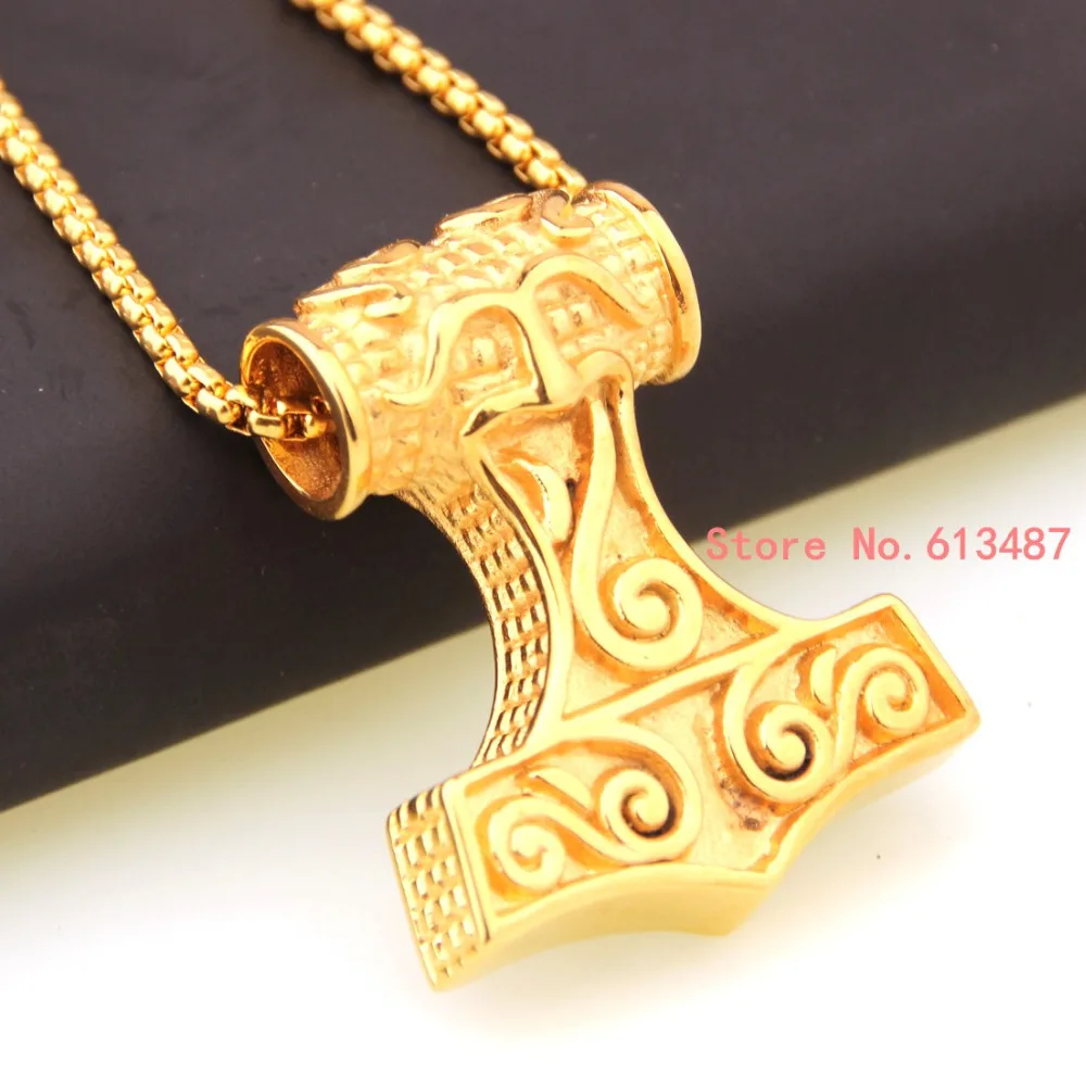 New Arrival Men's Jewelry Gold Stainless Steel Thors Hammer Mjolnir Viking Thor Pendant Chain
