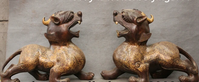 

bi002945 17 Folk Chinese Copper Bronze FengShui Guard Dragon Unicorn PiXiu Statue Pair