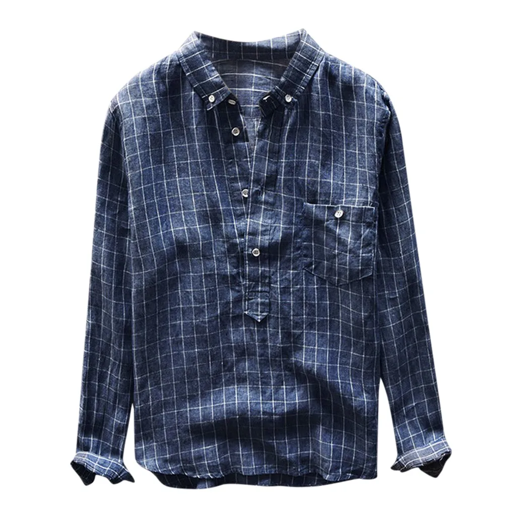 Мужские рубашки льняная рубашка Ретро клетчатая с длинным рукавом с карманом размера плюс рубашки с отложным воротником летняя Клетчатая рубашка гавайская рубашка
