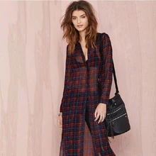 New Sexy Perspective Split Plaid Women Long Blouse Tartan Vintage Sheer Cardigan Casual Chiffon Turn down