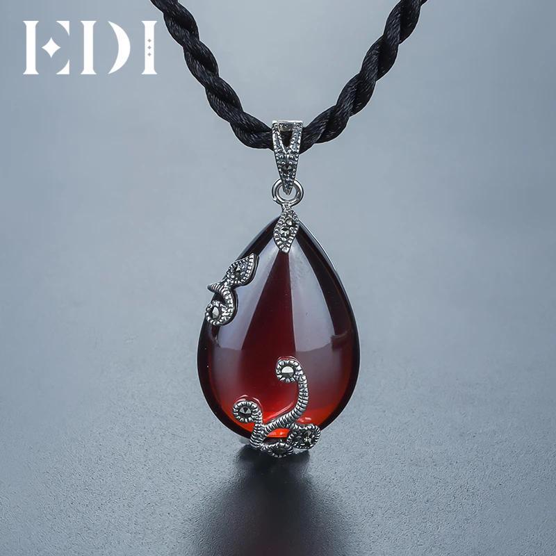 EDI Red Garnet Gemstone 925 Sterling Silver Pendants Necklace For Women Flower Shape Bijoux Fine Jewelry