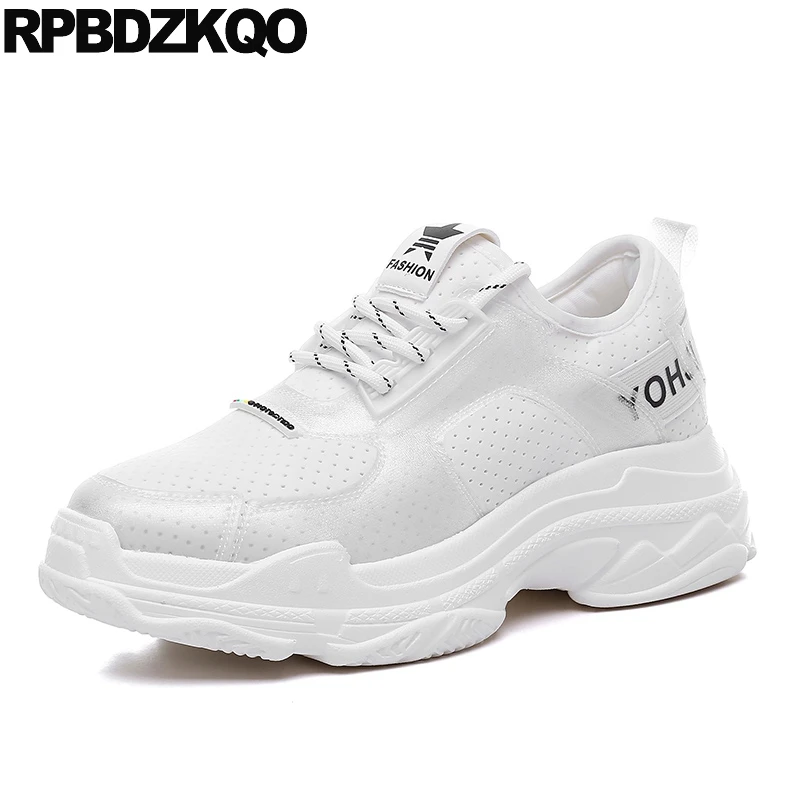 Breathable Trainers White Creepers Platform Shoes Elevator Elastic Round Toe Sneakers Slippers