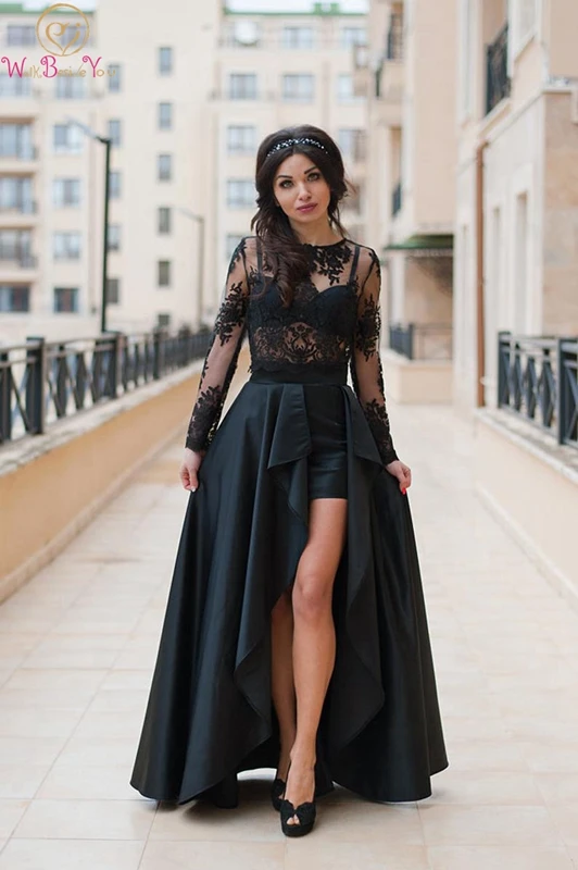 

Satin Evening Dress Short Front Long Back Two Pieces Appliques Sexy Top Transparent Custom Made Asymmetrical O-neck Prom Gown