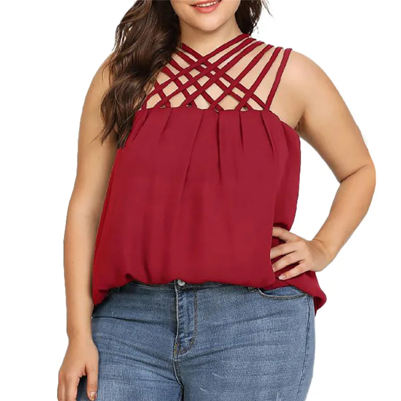 

KWAN_Womens vogue Solid Casual no cotton Sleeveless Solid tankini plus Size Loose Vest mesh top tankini women 2019 2#