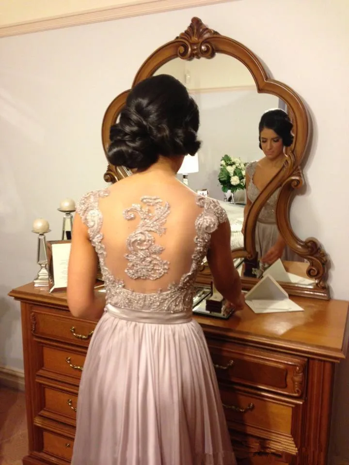 

ew 2015 Custom Made Sexy A-line Cheap Sheer Back Embroidery Beads Ruched Capsleeve Floor-length Chiffon Gray Bridesmaid Dresses