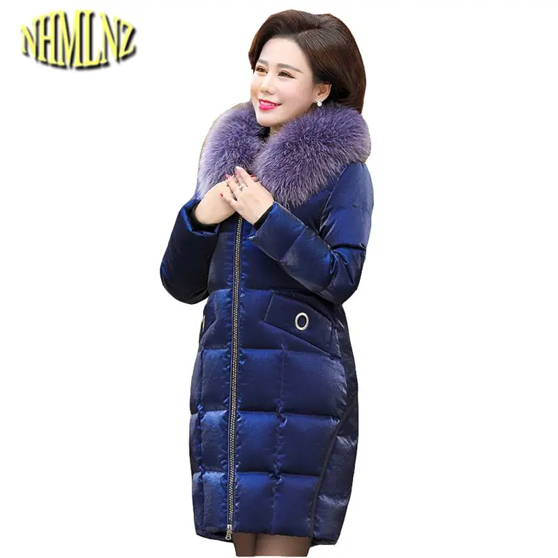 

Women Down Jacket 2019 Fashion Winter New Thicker Warm Females Parkas Slim Medium Long Coat Hooded Fur Collar Outerwear BA17