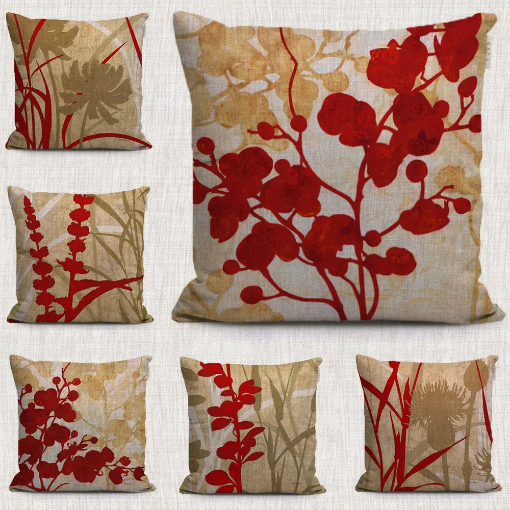 vintage red floral decorative pillows covers hand painted plant cotton