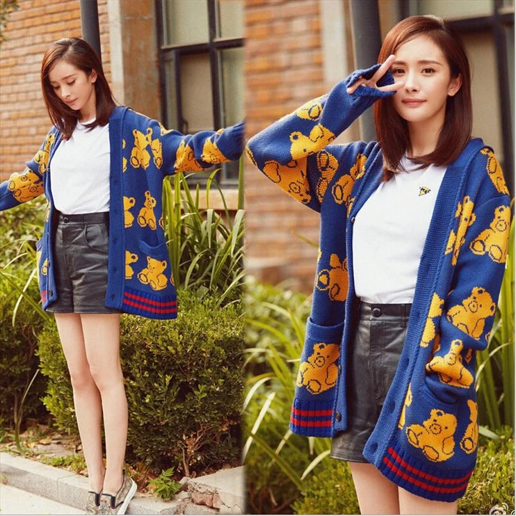 

autumn fashion cartoon bear pattern long-sleeved knit cardigan female slim women knitted sweater