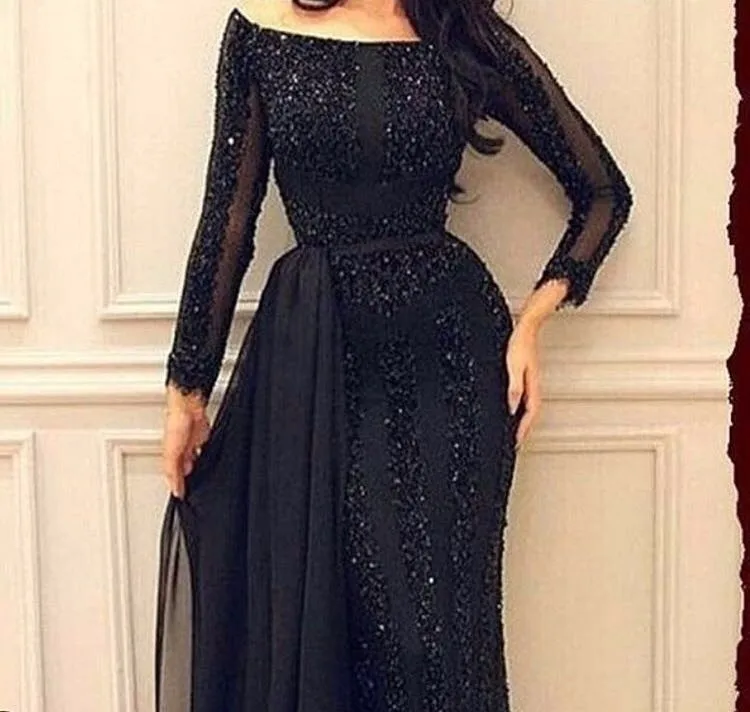 Арабское мусульманское вечернее платье с длинным рукавом с бисером Черное вечернее платье для выпускного вечера на заказ вечернее платье