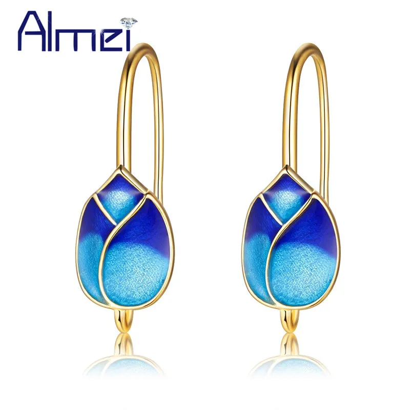 

Almei 5% Fashion Cloisonne Ceramic Stud Earrings for Women Gold Color Jewelry Blue Tulip Flowers Earring Brincos Oorbellen CQ237