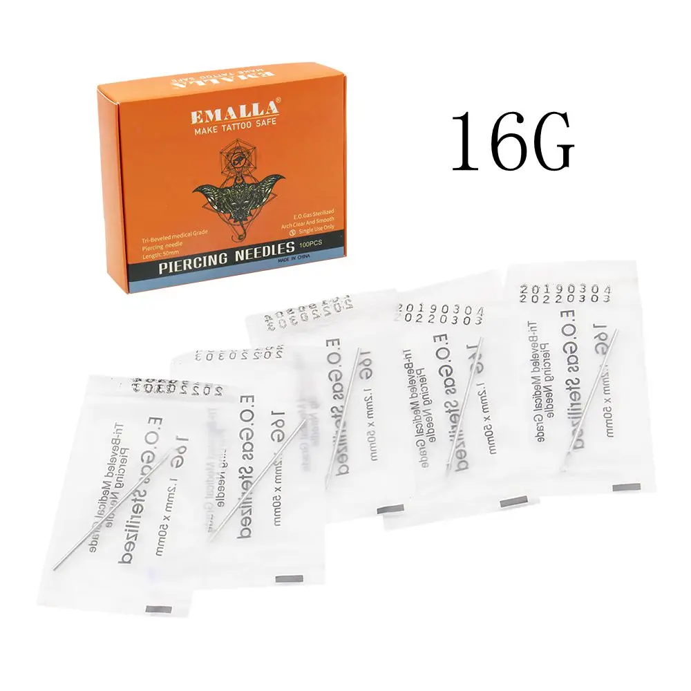 EMALLA 16 Калибр 100 шт. пирсинговые иглы стерильные фотоиглы для ушей носа пупка