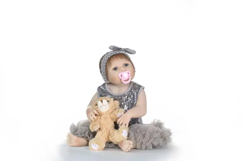 

NPKcollection 57cm soft full silicone sumilation reality cute baby with Gray TUTU skirt and plush toy silicone reborn baby dolls