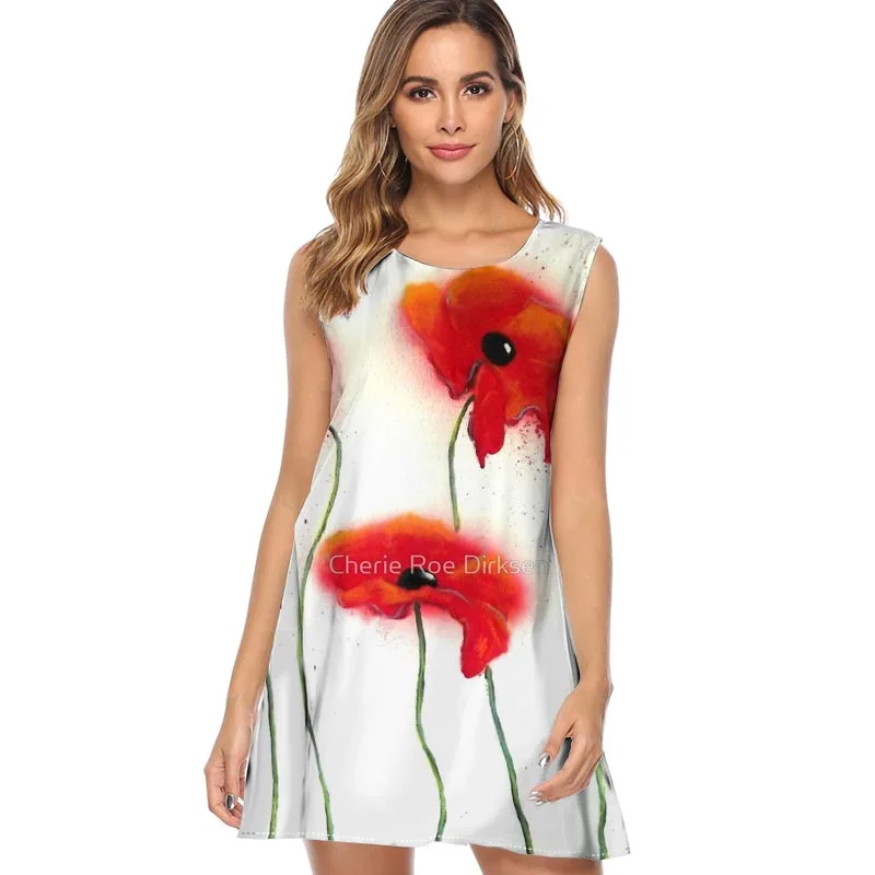 

2019 Summer Abstract Red Poppies Floral Dress Casual Loose Sleeveless O-Neck Mini Dress Fashion Women Boho Style Beach Dress