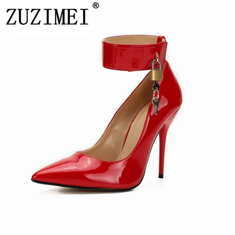 

Stiletto Fetish 12cm thin heels Red dress Ankle strap shoes Pantent Leather Pointed Toe Cosplay Lock And Key Padlocks pumps