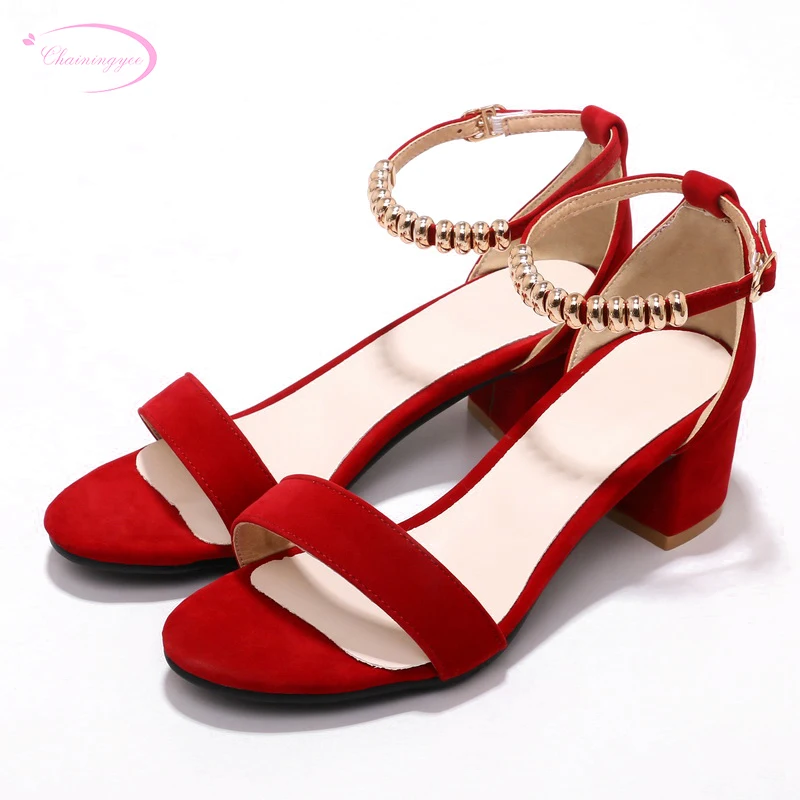 

Chainingyee party comfortable nubuck summer sandals fashion metal decoration belt buckle beige red black med heel women's shoes