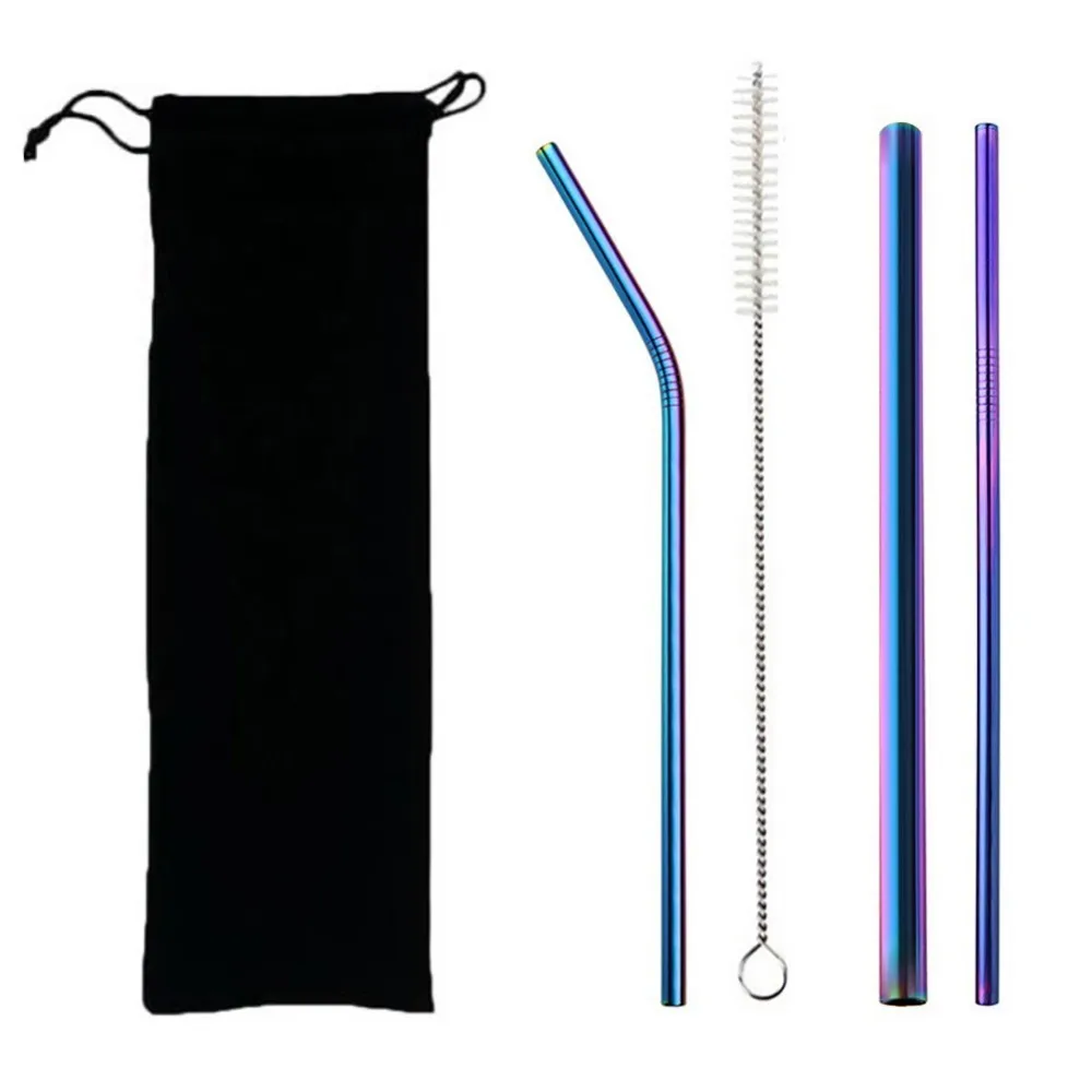 

5pcs Eco Friendly Reusable Straw 304 Stainless Steel Straws Metal Smoothies Beer Drinking Straws Set with Brush & Bag