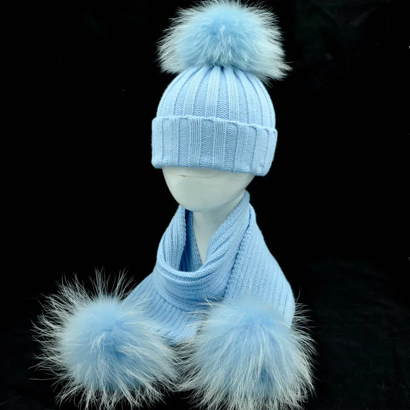 Jaxmonoy Baby Hat and Scarf Set Thick Stretchy Knitted Beanie for Boys and Girls Real Raccoon Fur Pom Pom Winter Hats for Kids