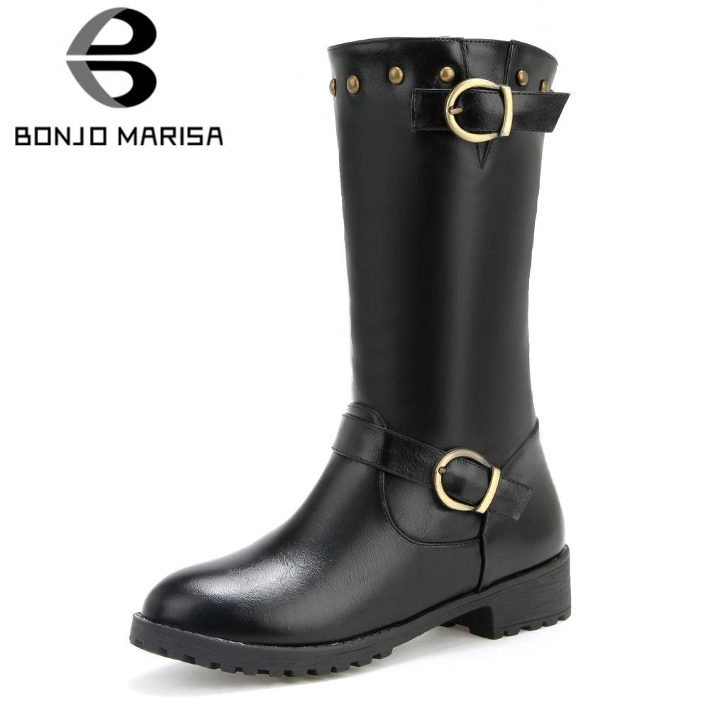 

BONJOMARISA Women Vintage Riding Motorcycle Boots Low Heel Autumn Witner Shoes Woman Slip On Mid-calf Rivet Boots
