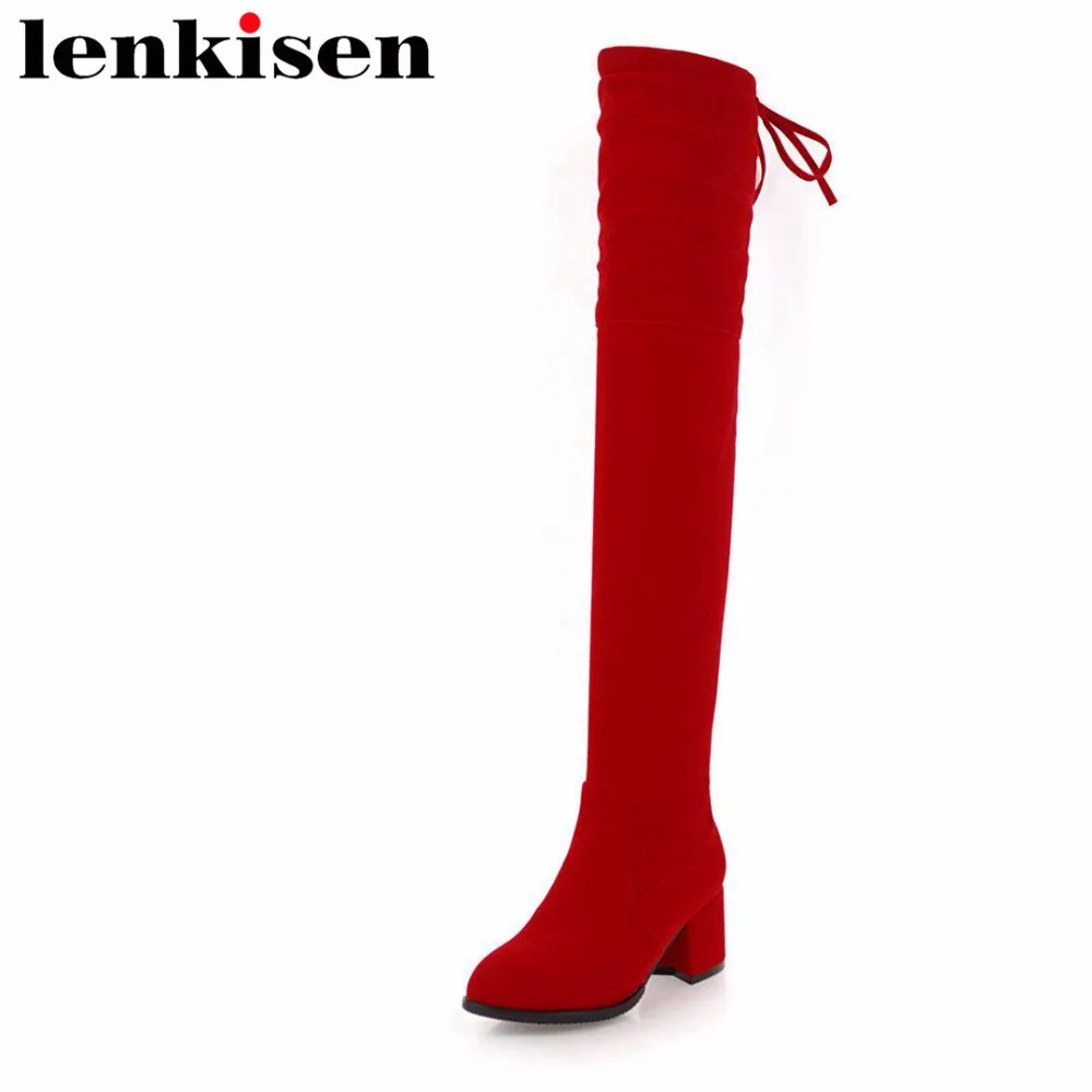

Lenkisen pop handmade high quality round toe pu high heels large size slip on hot girls sexy women simple thigh high boots L30