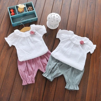 

Summer Girls Princess Casual Shorts + Flower Short Sleeve Blouse Tops Kids 2Pcs Suits Infant Clothing Sets roupas de bebe