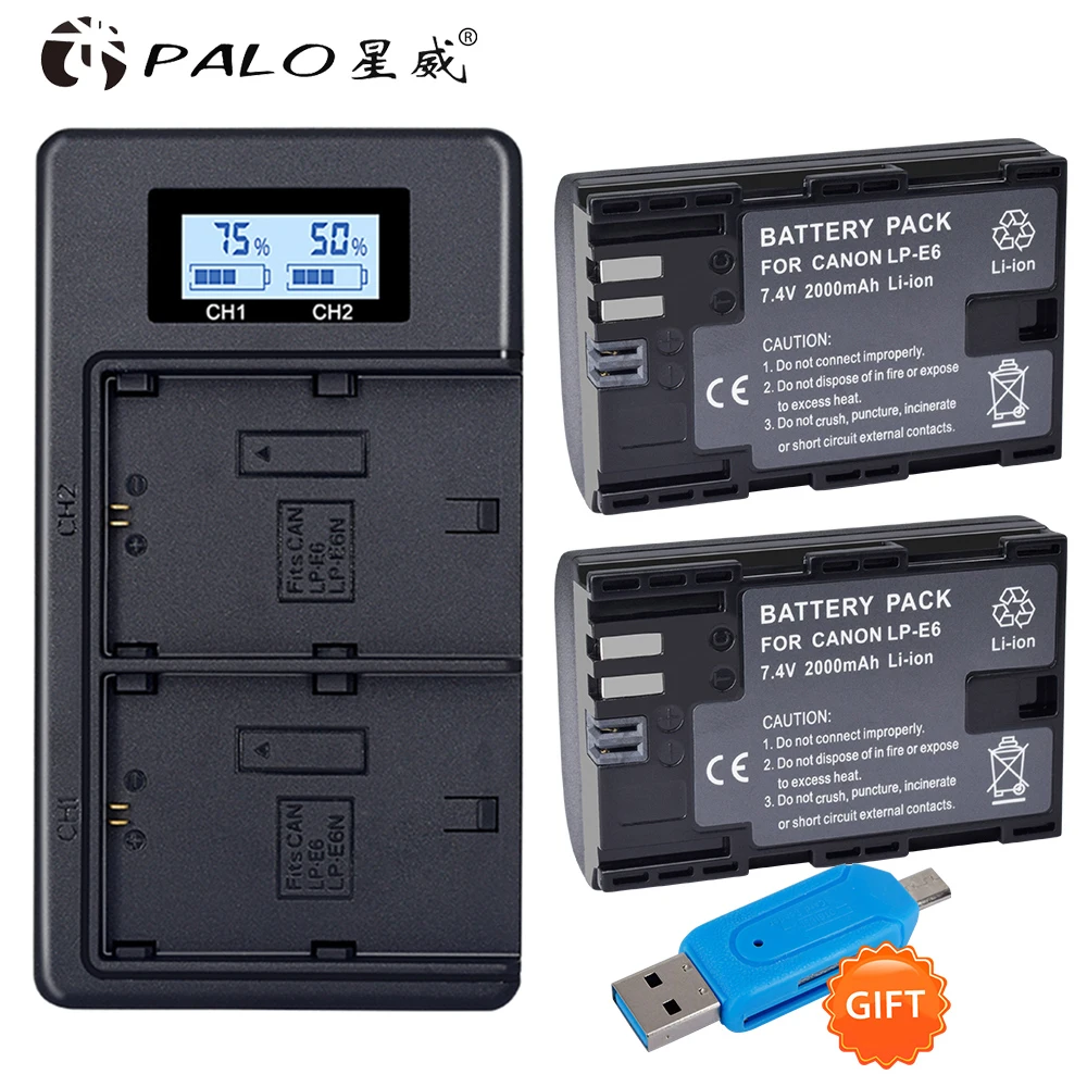 2x LP E6 LPE6 LP E6 E6N Battery 2650mAh + LED Dual Charger For Canon