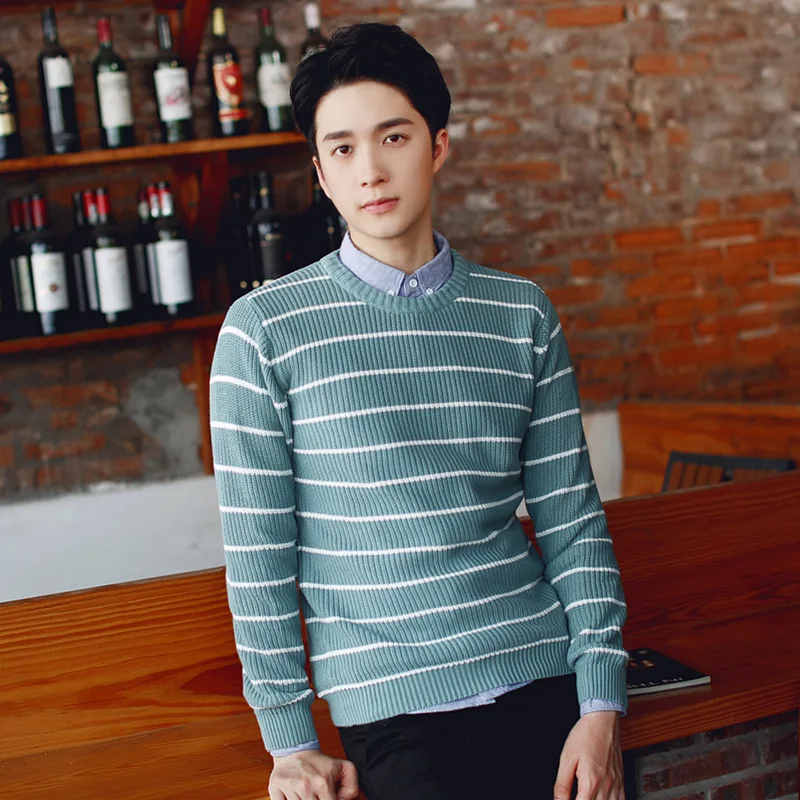 

100% Cotton Knit Men's 2018 Autumn Winter New Coloured O Neck Long sleeve Sweater Cotton Striped color 246