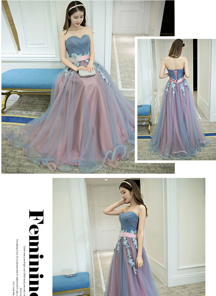 2 Styles Sleeveless Floor Length Prom Dress Lace Up Long Prom Dress Blue Strapless Evening Dress Appliques Prom Dresses FD29