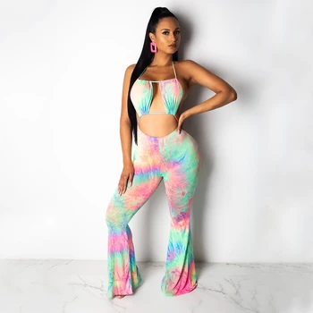 

Women Summer Tie Dyed Printed Halter Bodycon Jumpsuits Sexy Sleeveless Backless Hollow Out Flare Leg Long Party Rompers Overalls